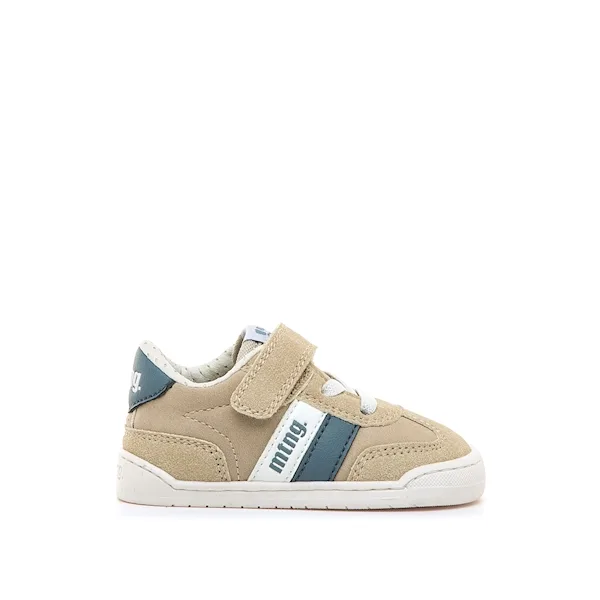SAPATILHAS MUSTANG CAMEL infantil, com fecho em velcro, ponteira ampla, drop zero, sola 3ml. Vista de lado.