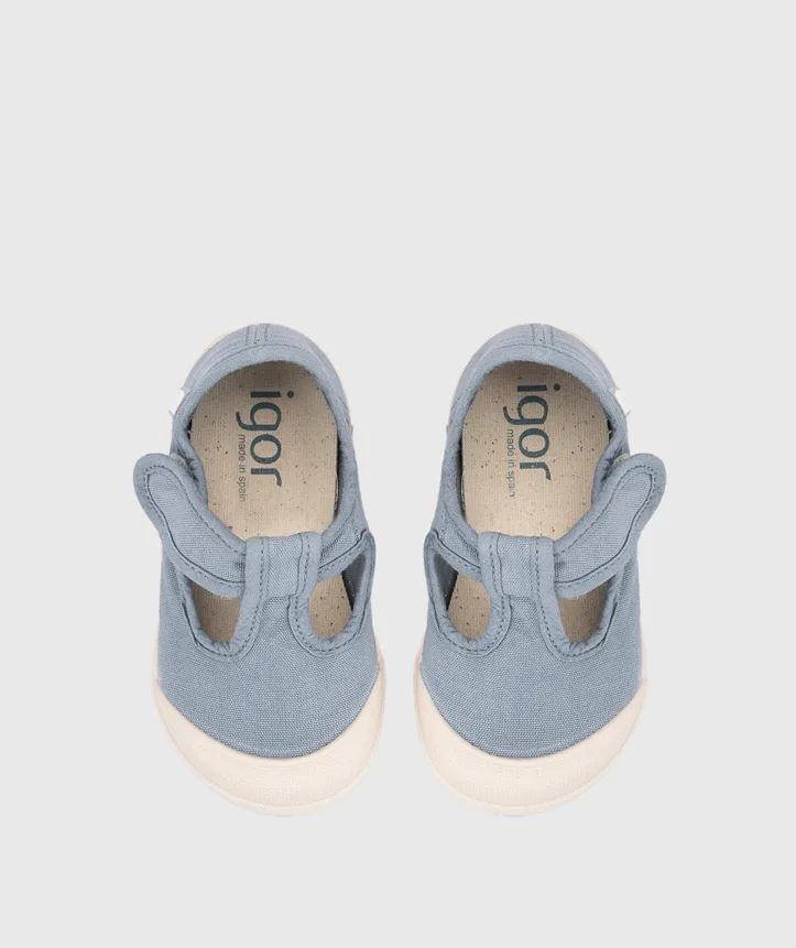 SAPATILHA IGOR LONA PEPITO OCEANO unisex em pano 100% algodão, fecho com velcro, proteção na ponteira e palmilha removível. Calçado barefoot- Vista de cima