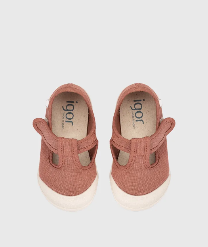 SAPATILHA IGOR LONA PEPITO TERRACOTA para menino e menina em pano 100% algodão, fecho com velcro, proteção na ponteira e palmilha removível. Calçado barefoot- Vista de cima