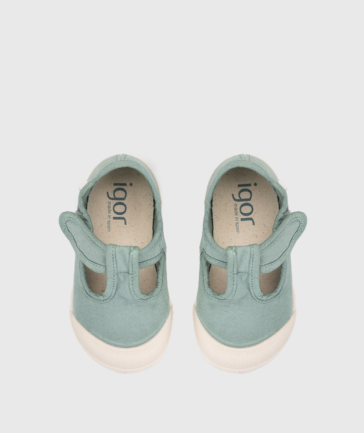 SAPATILHA IGOR LONA PEPITO MATCHA para menino e menina em pano 100% algodão, fecho com velcro, proteção na ponteira e palmilha removível. Calçado barefoot- Vista de cima