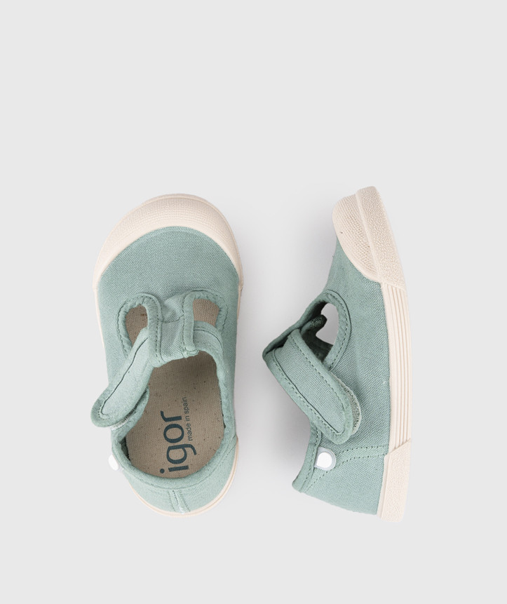 SAPATILHA IGOR LONA PEPITO MATCHA para menino e menina em pano 100% algodão, fecho com velcro, proteção na ponteira e palmilha removível. Calçado barefoot- Vista de cima