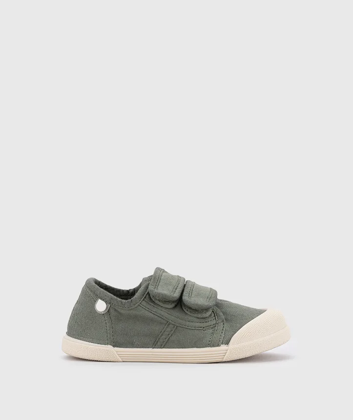 SAPATILHA IGOR LONA V.KAKI unisex em pano 100% algodão, fecho com velcro, proteção na ponteira e palmilha removível. Calçado barefoot- Vista de lado