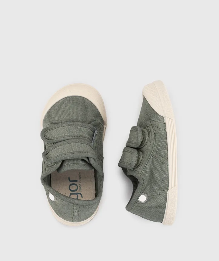 SAPATILHA IGOR LONA V.KAKI unisex em pano 100% algodão, fecho com velcro, proteção na ponteira e palmilha removível. Calçado barefoot- Vista de cima