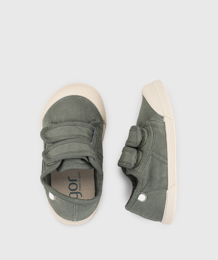 SAPATILHA IGOR LONA V.KAKI unisex em pano 100% algodão, fecho com velcro, proteção na ponteira e palmilha removível. Calçado barefoot- Vista de cima