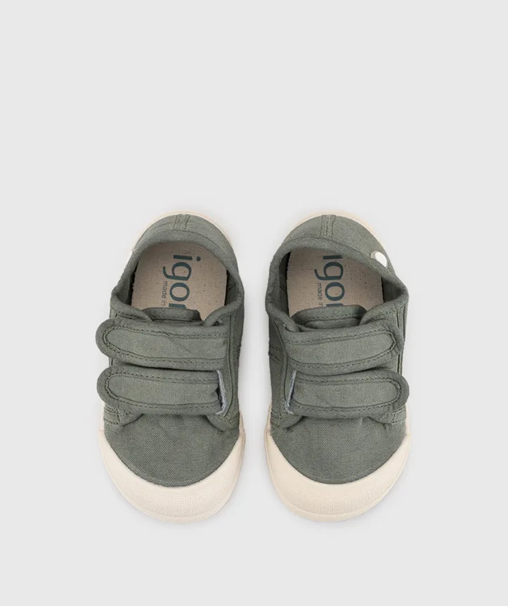 SAPATILHA IGOR LONA V.KAKI unisex em pano 100% algodão, fecho com velcro, proteção na ponteira e palmilha removível. Calçado barefoot- Vista de cima