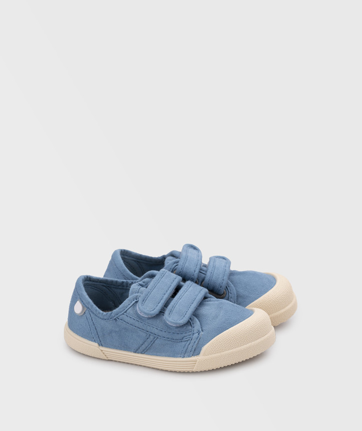 SAPATILHA IGOR LONA V.JEANS unisex em pano 100% algodão, fecho com velcro, proteção na ponteira e palmilha removível. Calçado barefoot- Vista de lado